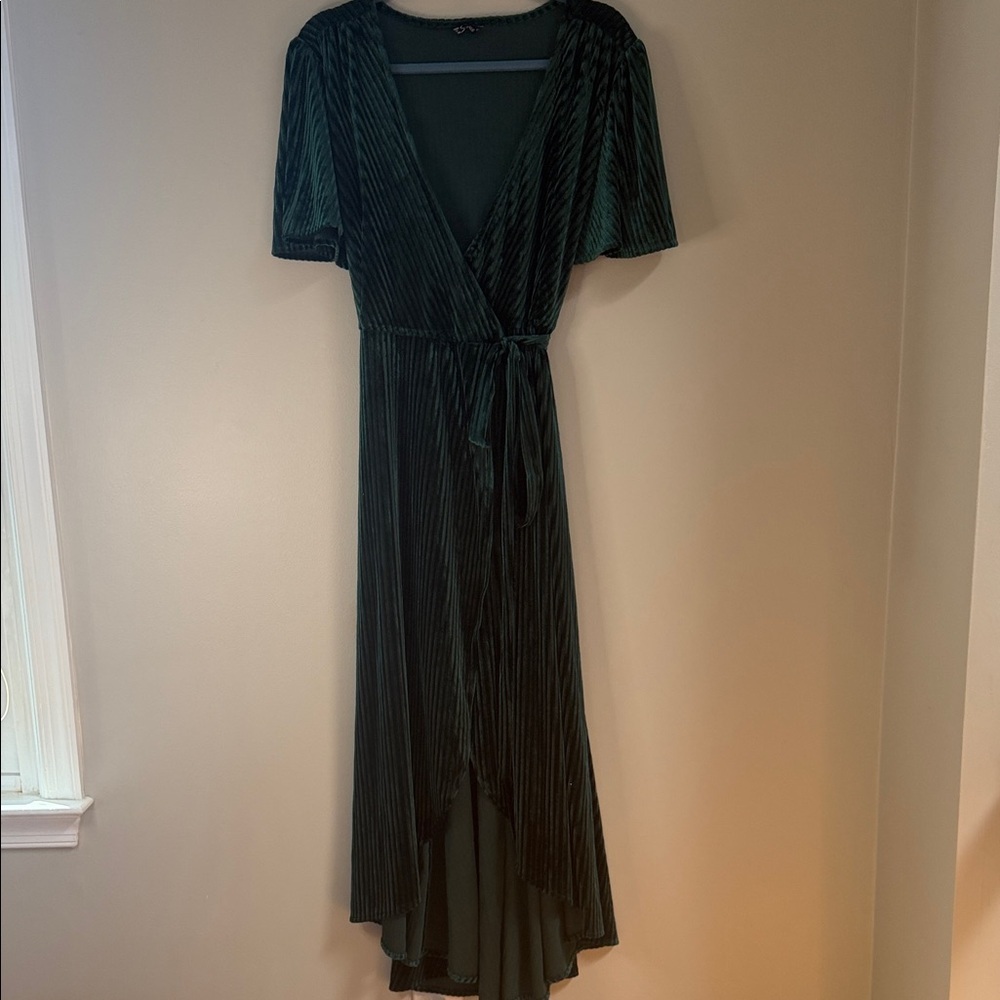 Simplee Apparel Dark Green Velvet High-Low Wrap Dress